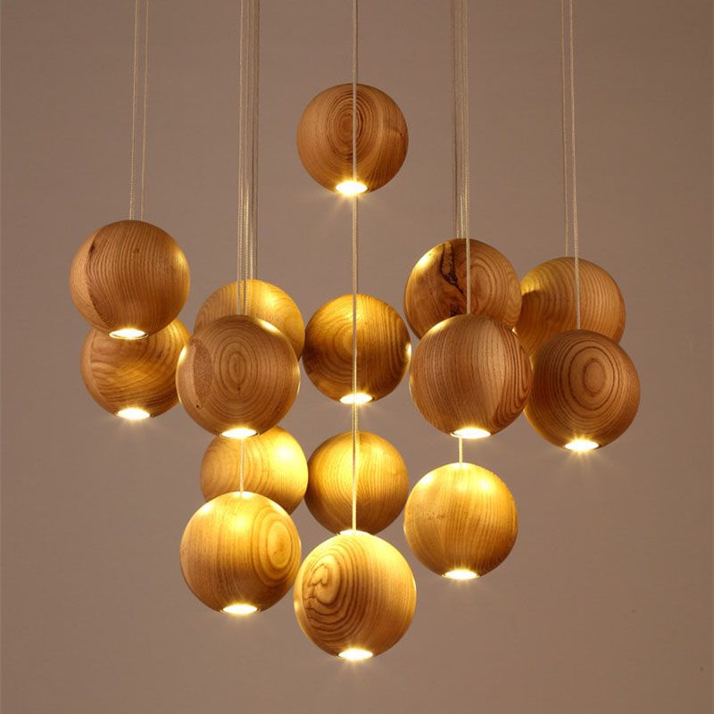 Nordic Spherical Led Solid Wood Pendant Light Wood Ball Suspension
