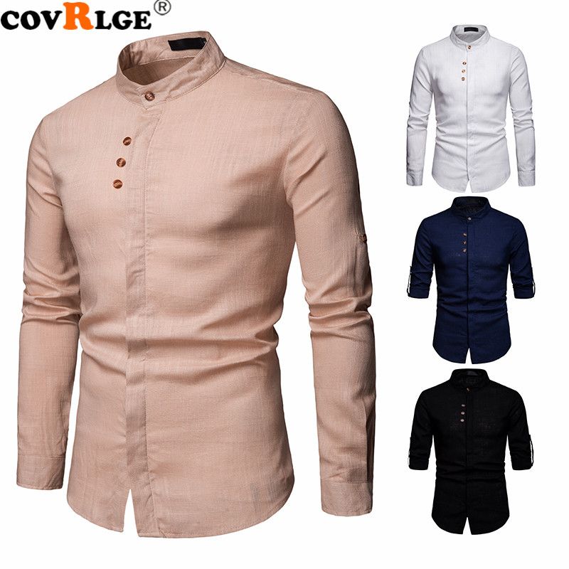 2020 Covrlge Brand New Mens Spring Shirts Flax Henry Collar