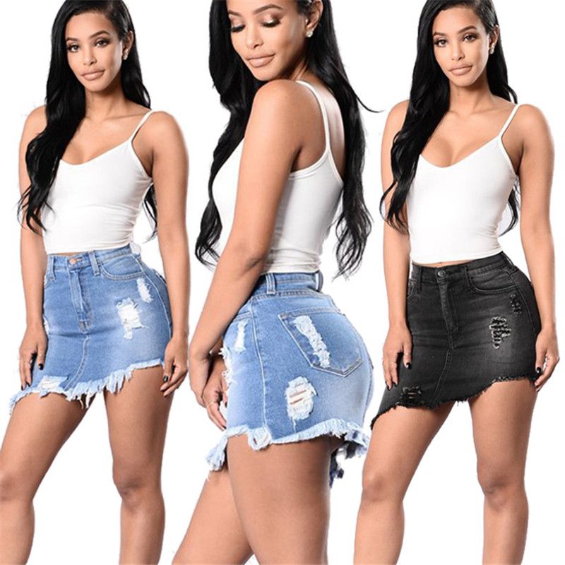 ripped blue denim skirt
