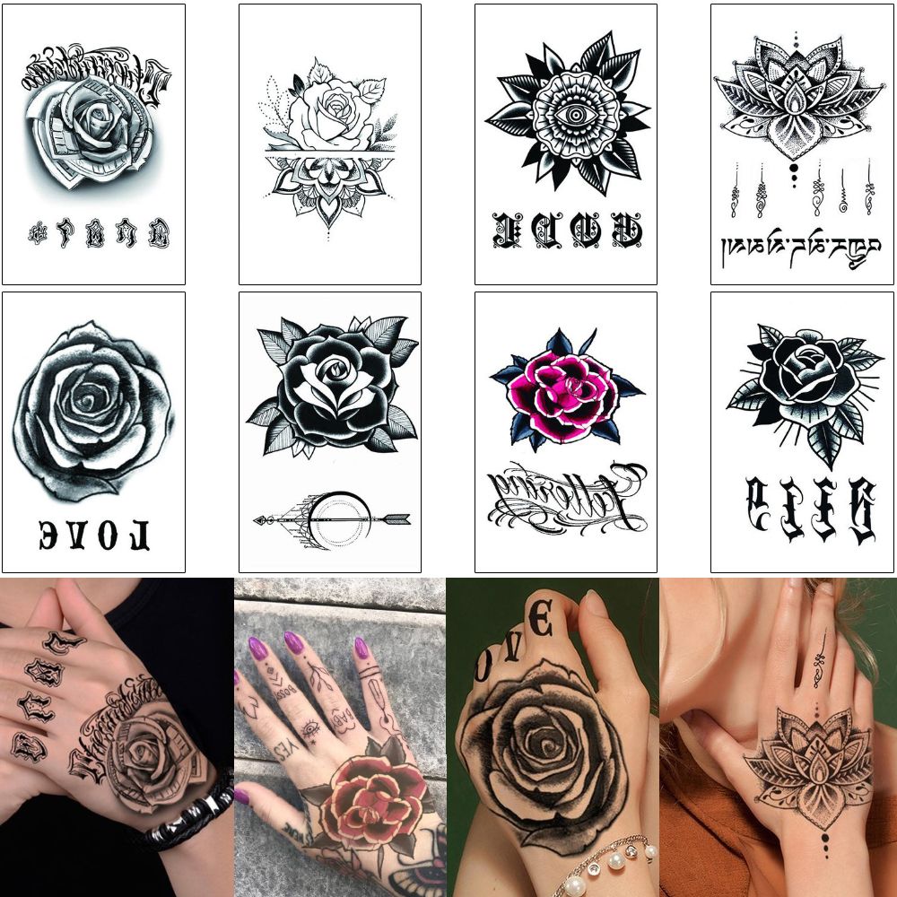 Rose Flower Sticker Tattoo 3D Fake Black Henna Flower Word Love Design for  Woman Man Hand Finger Body Art Makeup Waterproof Temporary Tattoo