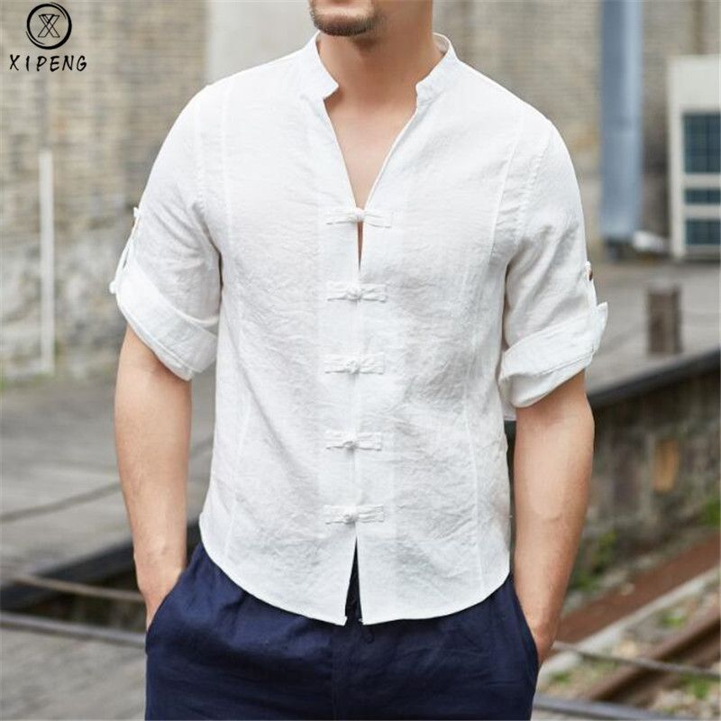 Camisas Casuales Para Hombres Estilo Chino Camisa Masculina De Tres Cuartos De Manga Streetwear Hombre Hombre Ropa 2021 Túnica 28,25 € | DHgate