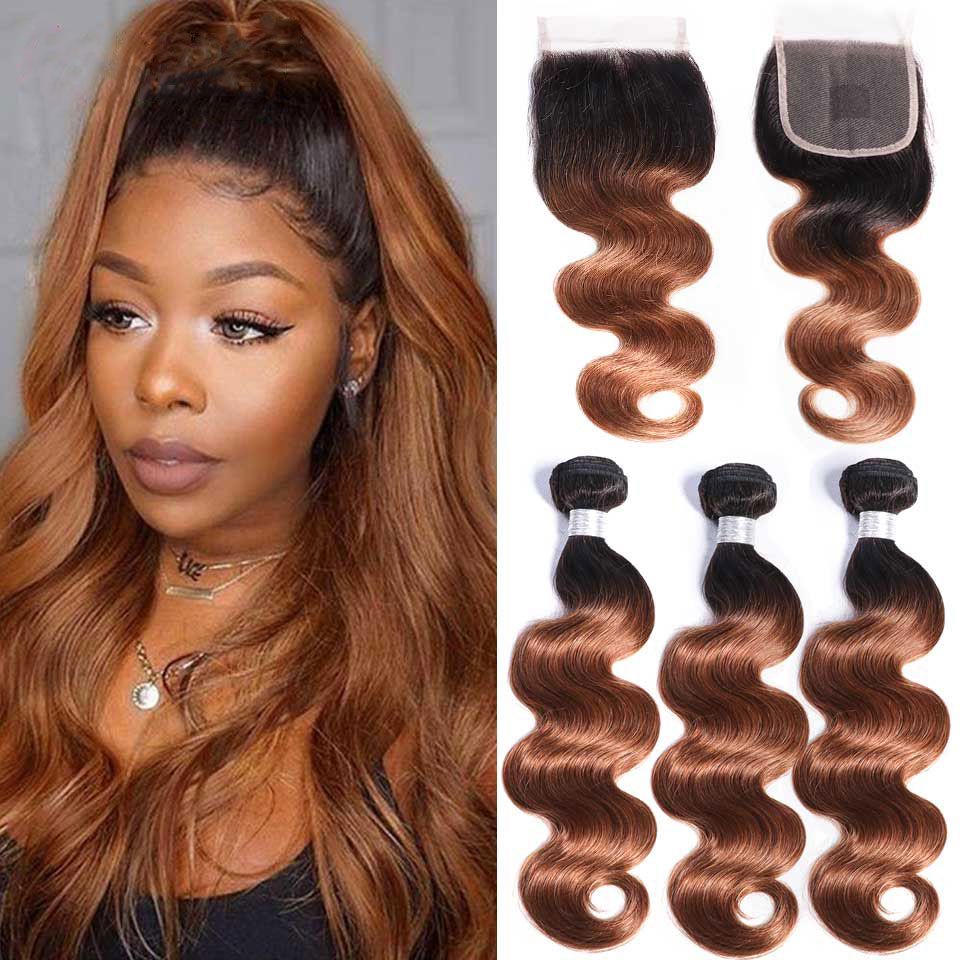 2019 Ombre Brazilian Human Hair Weave Bundles With Lace Closure 1b