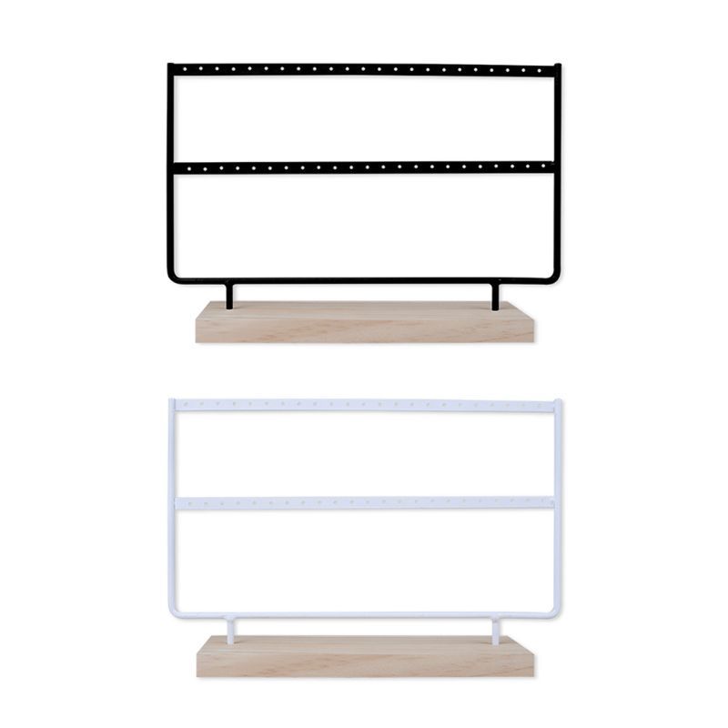 46-hole 2 Layers Metal Earring Jewelry Display Rack Wooden Base Ear Studs Holder