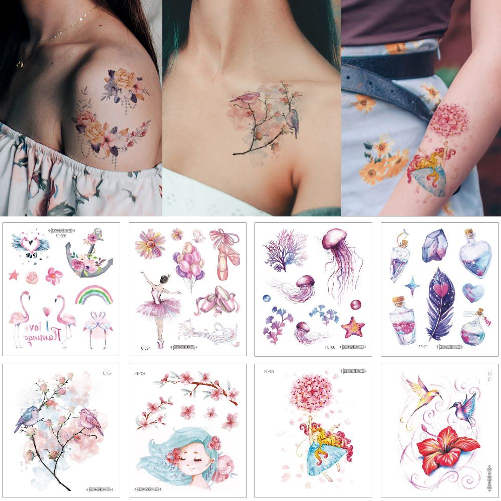 Watercolored Small Tattoo Sticker for Boy Girl Kids Hand Arm Neck Body Art  Beautiful Flower Feather Dance Jellyfish Designs Temporary Tattoo