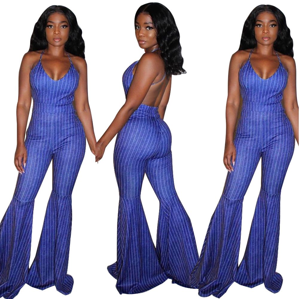 striped bell bottom jumpsuit