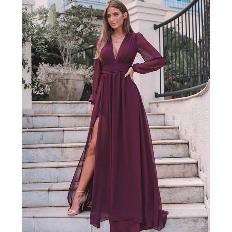 Gasa azul rojo oscuro / vestidos de noche profundo escote en V manga larga de cuello vestidos formales de las mujeres elegantes de la cena de la pierna Vestidos de Split abiye Gasa azul rojo oscuro / vestidos de noche profundo escote en V manga larga de cuello vestidos formales de las mujeres elegantes de la cena de la pierna Vestidos de Split abiye