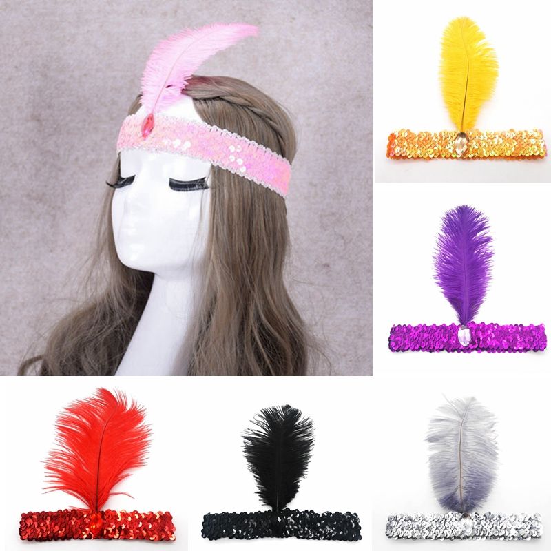 Sequin Feather Elastic Headbands Dance Performance Stage Show Party Headbands For Kids Woman