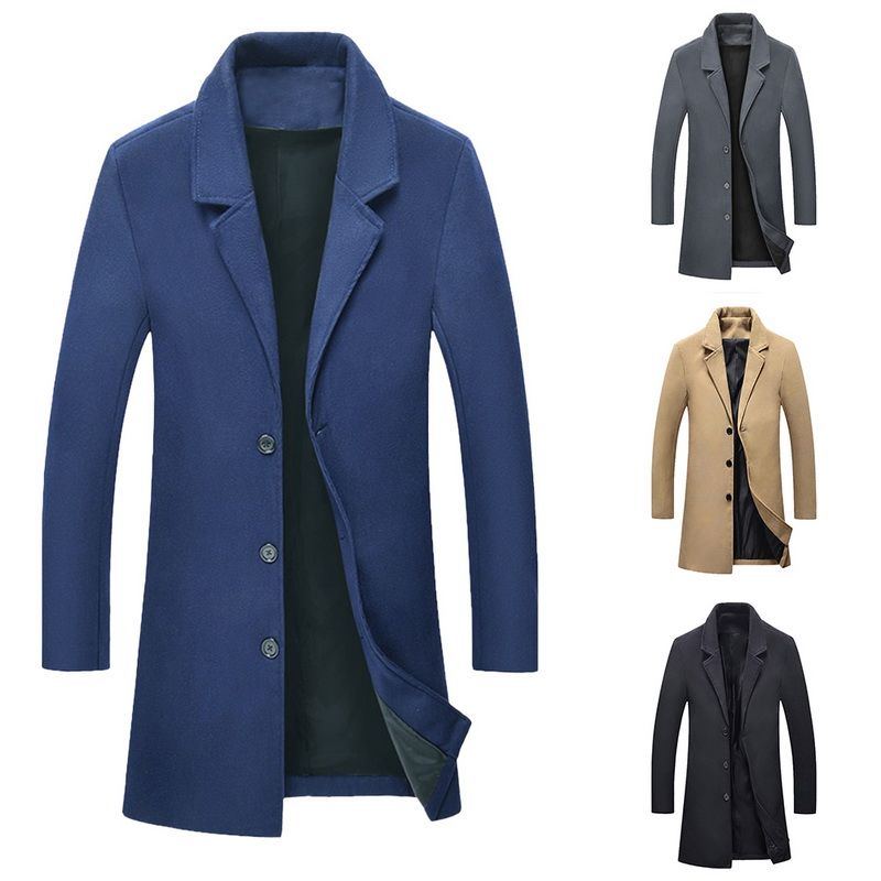 Long Pea Coat Men Slim Fit Mens Autumn Winter Plaid Single Row Buckle Outwear Long Sleeve Suit Coat