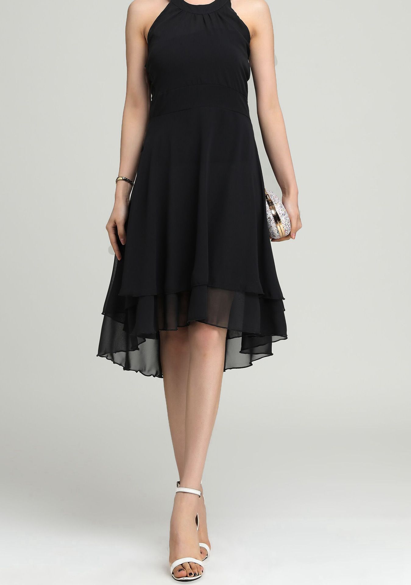 layered cutout back sleeveless black chiffon dress