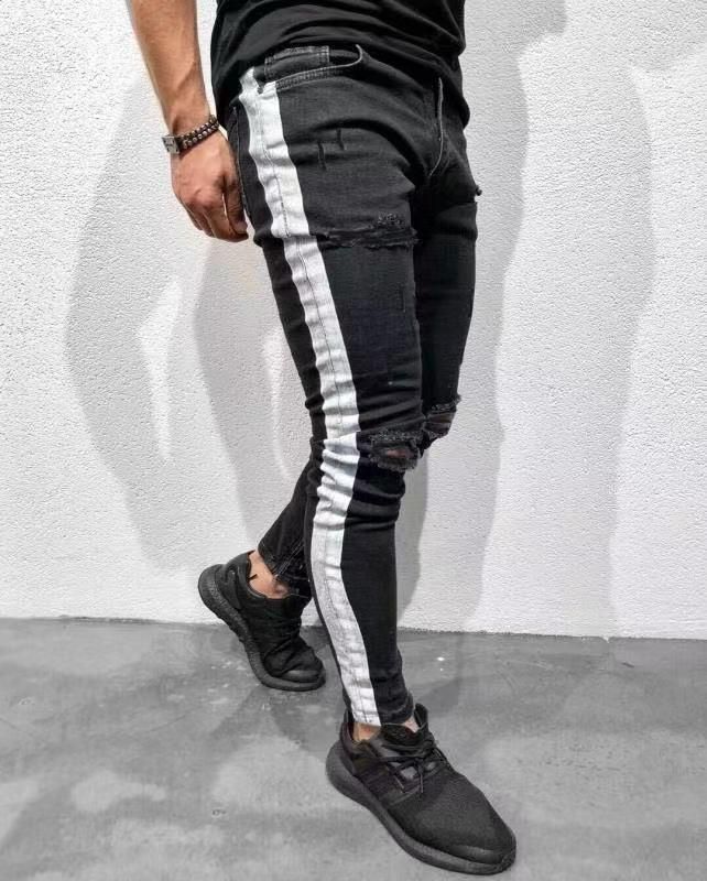 Compra Slim Fit Ripped Jeans Ropa Para Hombre Moda High Street Knee Holes  Diseñador De Rayas Blancas Jeans Negros Barato | Entrega Rápida Y Calidad |  Es.Dhgate