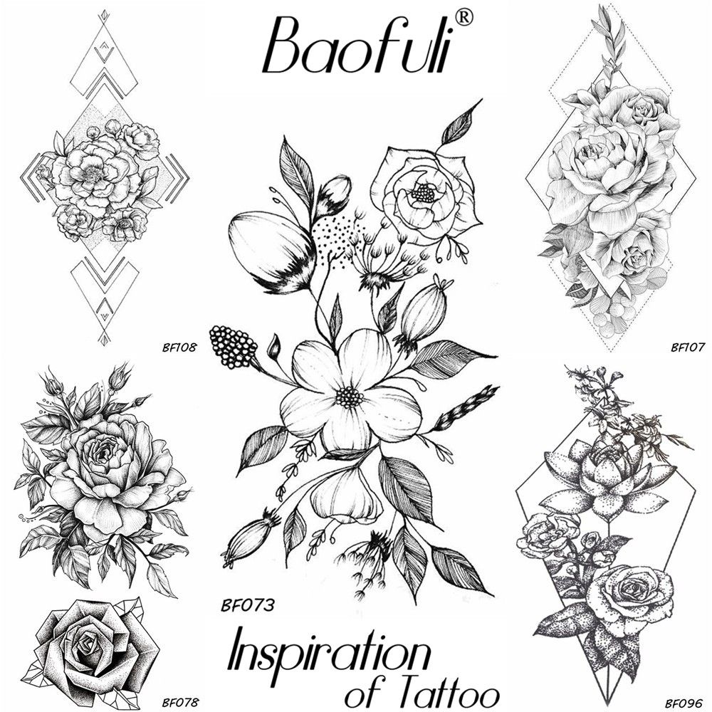 Acheter Baofuli Réaliste Fleurs Tatouage Temporaire Autocollants Noir Transfert De Leau Faux Tatouages Femmes Body Art Diy Cou Bras Jambes De