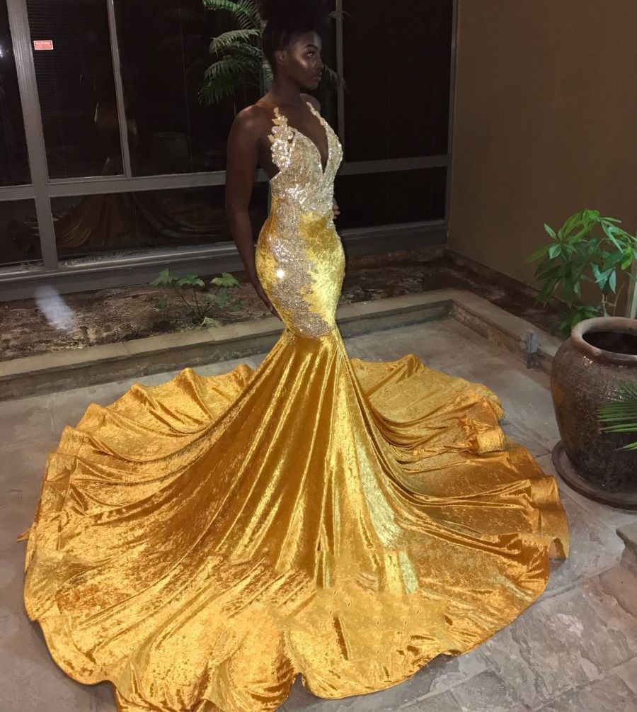 long gold velvet dress