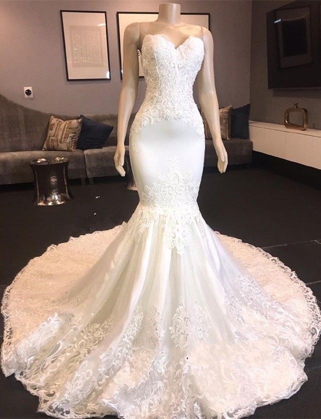 New Mermaid Lace Appliques Wedding Dresses Sweetheart Sleeveless Court ...