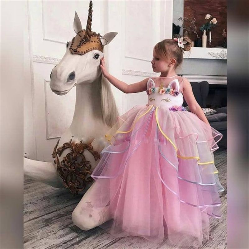 NNJXD Robe Licorne Enfant de Princesse avec Volants Cosplay pour Le Mariage et Les Parties 