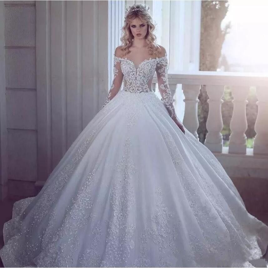 Encantadores y modernos vestidos de novia de encaje 2019 Off Hombro Mangas largas Tul Apliques de Encantadores y modernos vestidos de novia de encaje 2019 Off Hombro Mangas largas Tul Apliques de