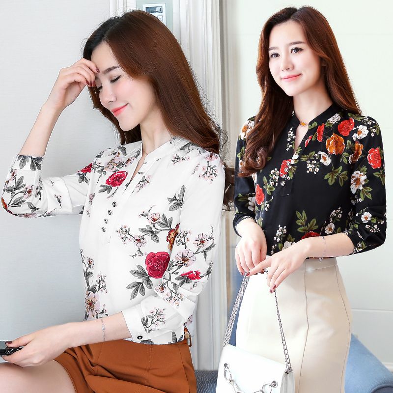 2019 Blusa estampado de flores Mujeres Top Camisa de manga larga Camisas elegantes para mujer