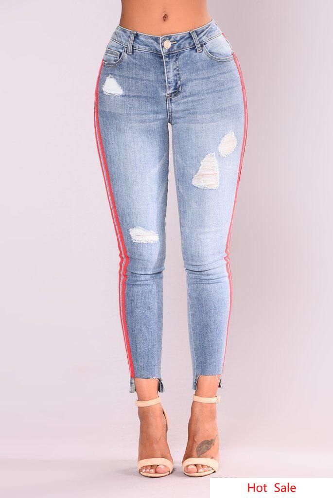 Compra Pantalones Vaqueros Rasgados A Rayas Rojas Del Lado De Las Mujeres  Ropa De Mujer Pantalones De Lápiz Largos De Moda Delgada Pantalones Vaqueros  Lavados Desgastados Sexy Para Mujer Barato | Entrega