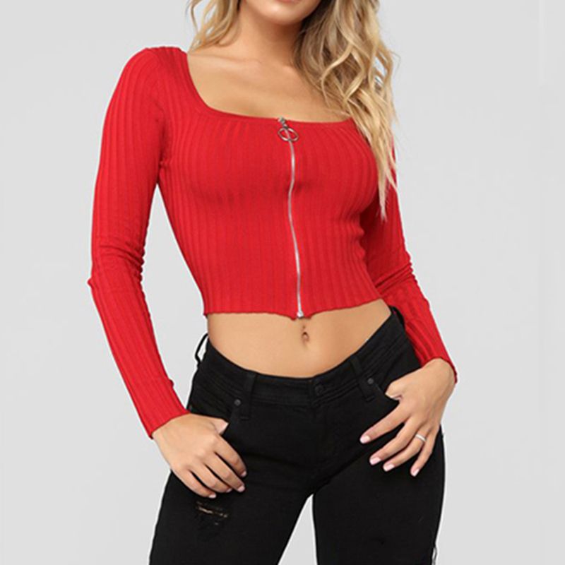 Womens Long Sleeve Plain Basic Crop Top Ladies T Shirt Stretch Tee Shirt Femme Zipper Party Club Debardeur Femme Tshirt From Gl8888 8 56 Dhgate Com
