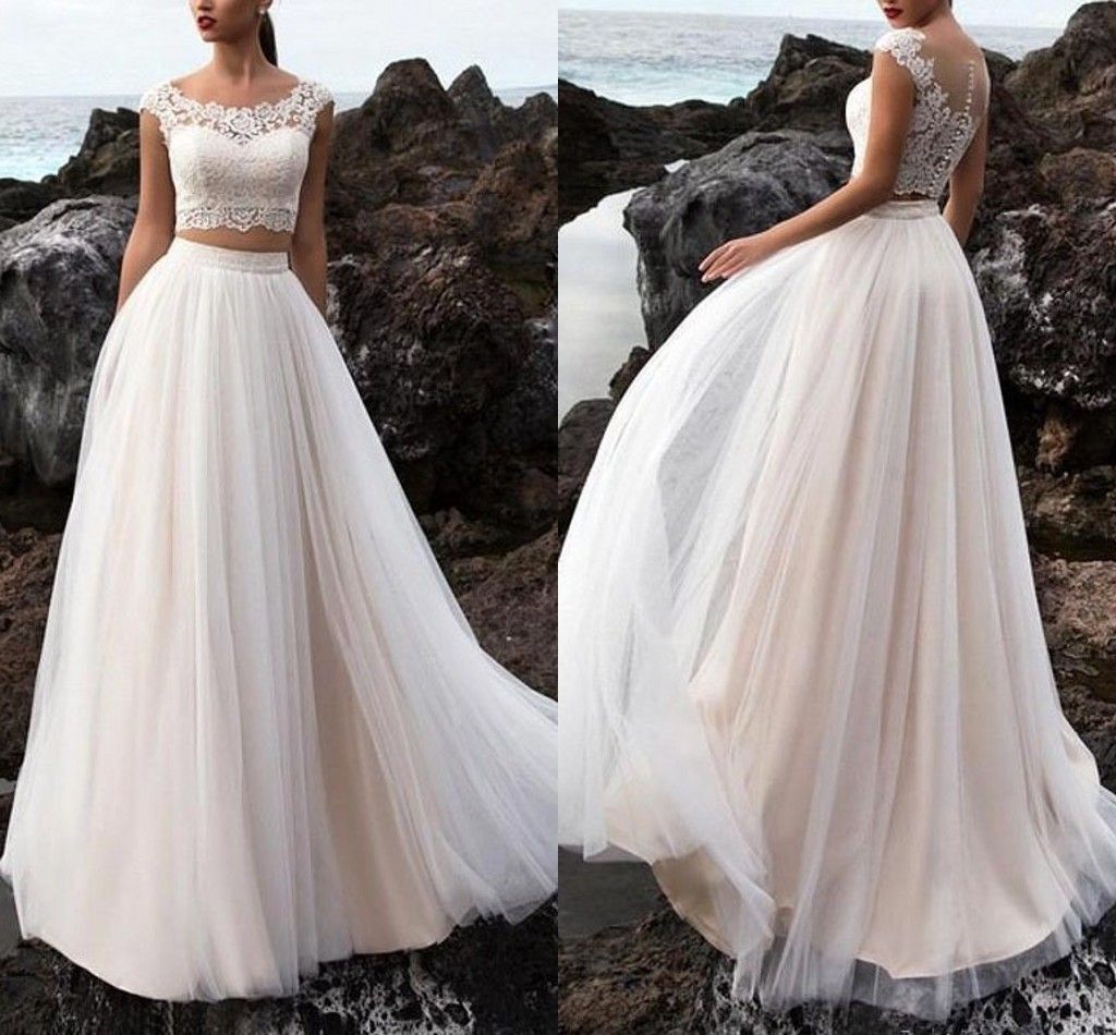 2 piezas Boho Playa Vestidos de novia Tulle Largo 2019 Manga la tapa Scoop Lace