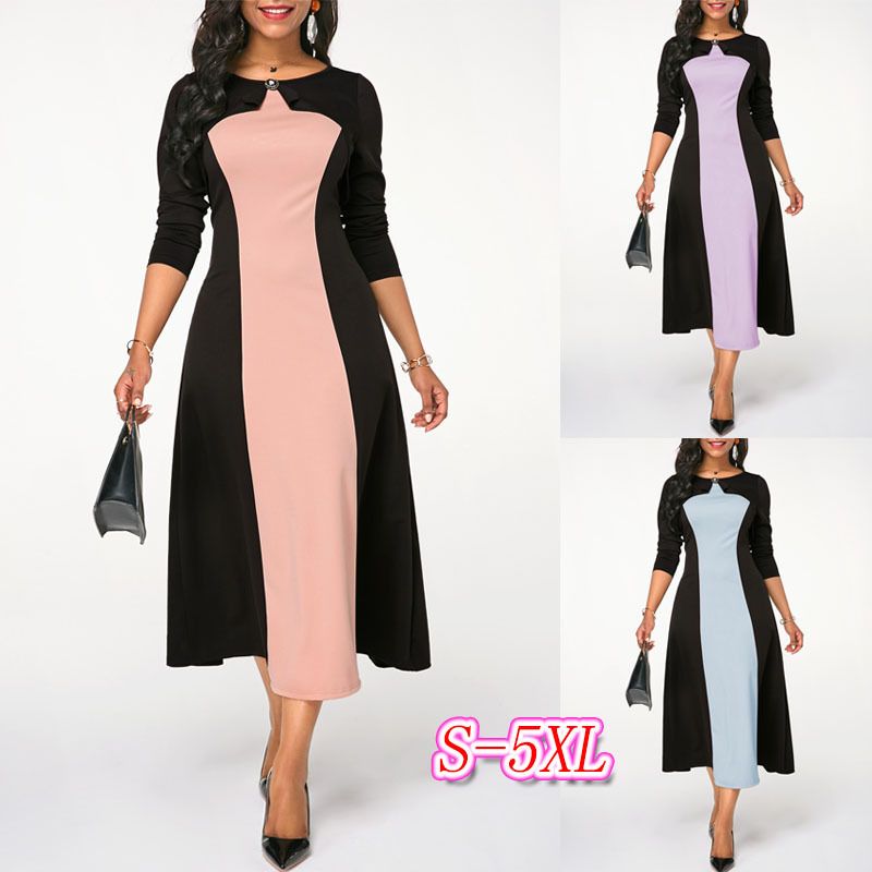 Satin Al Yarim Kol Kontrast Renk Elbise Kadinlar Orta Buzagi Bir Cizgi Formal Is Giyim Ince Bel Elbise Zb00737 Tl144 37 Dhgate Comda