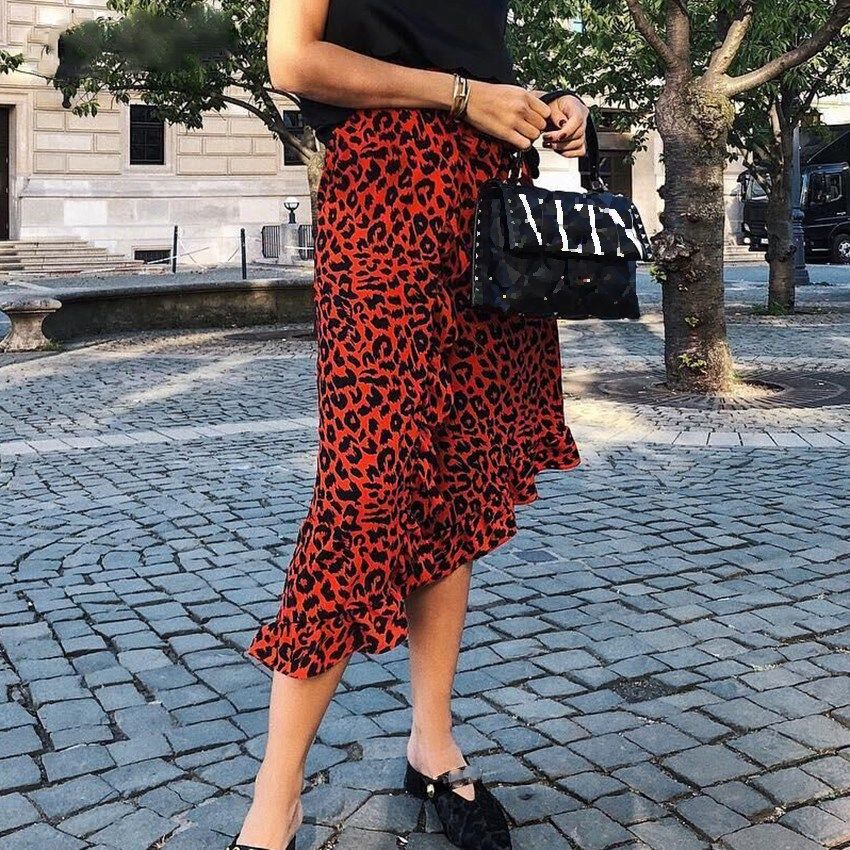 2019 Midi Leopardo De Cintura Alta Faldas De Impresión De Volantes De Oficina Para Mujer Falda Roja De Verano 15,69 € | DHgate