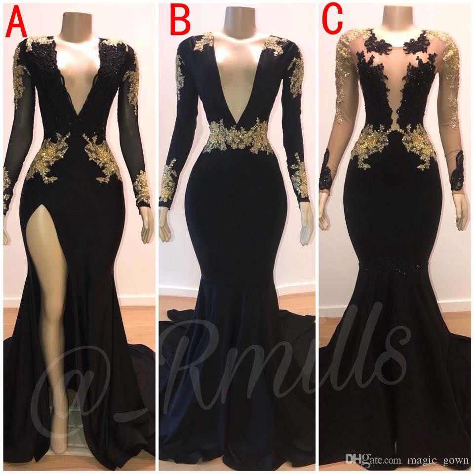 Black Gold Applique Mermaid Prom Dresses Deep V Neck Backless Long