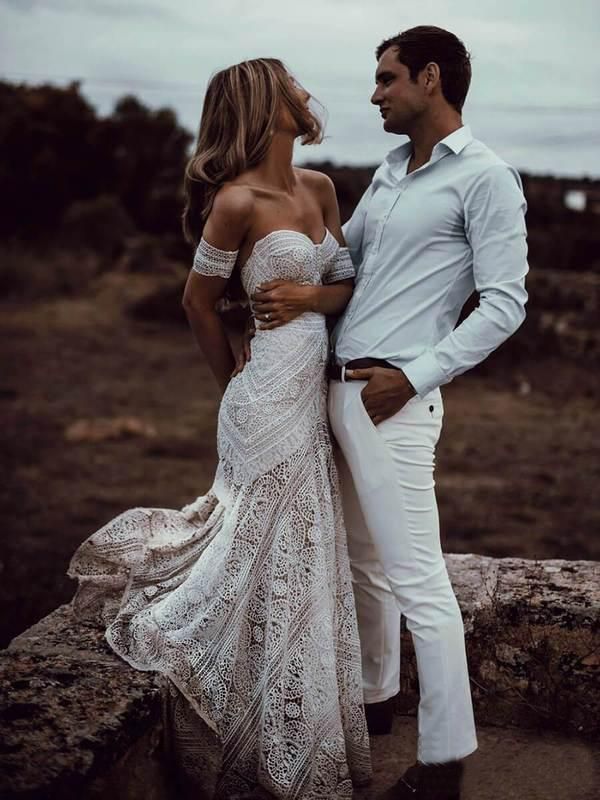 Vintage Crochet Lace Mermaid Wedding Dresses 2019 Off Shoulder Cotton ...