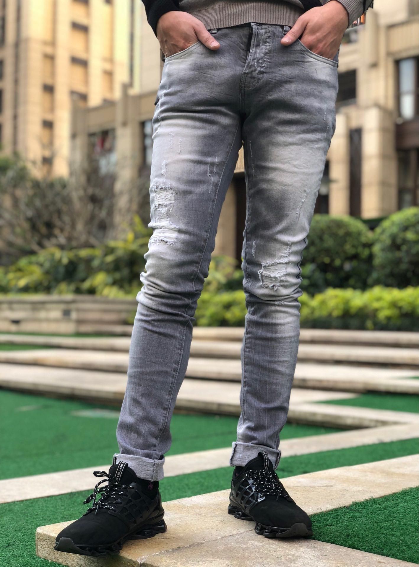 Compre Pantalones Vaqueros De Diseñador Para Hombre Pantalones De Diseñador De Motociclista Azul Gris Destruido Jeans Ajustados De Mezclilla Ajustados