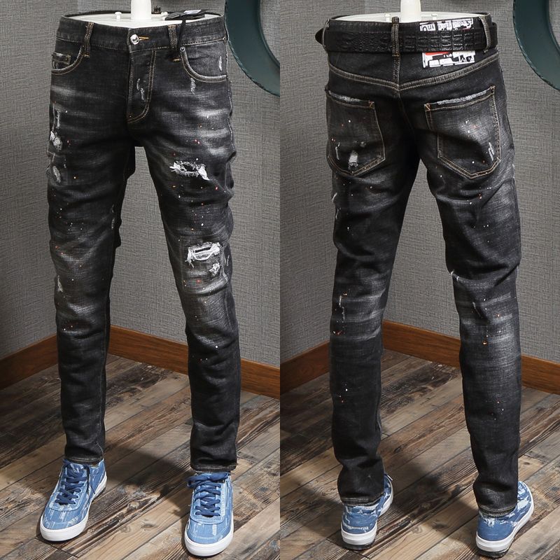 New Black Damage Jeans Men Popular 