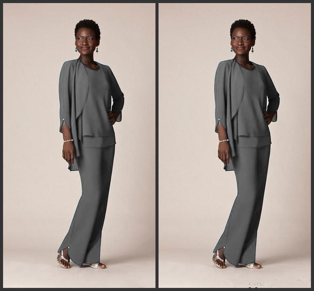 2019 New Grey Chiffon Formal Pant Suits 
