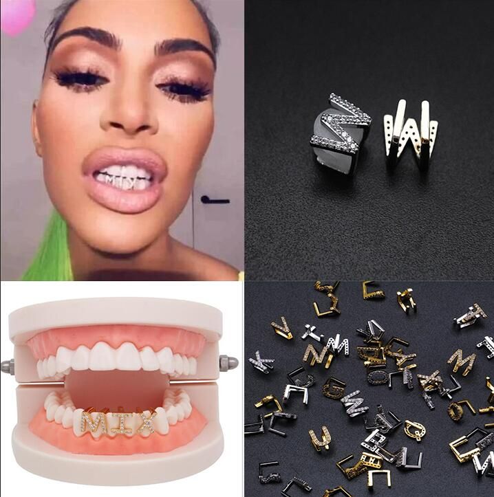 2020 Gold & White Iced Out A Z Custom Letter Grillz Full Diamond Teeth