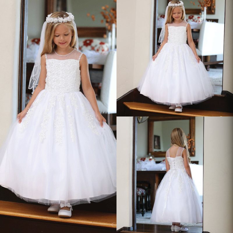 Girls White First Holy Communion Dresses Sash Beading With Bow Flower Girl Dress