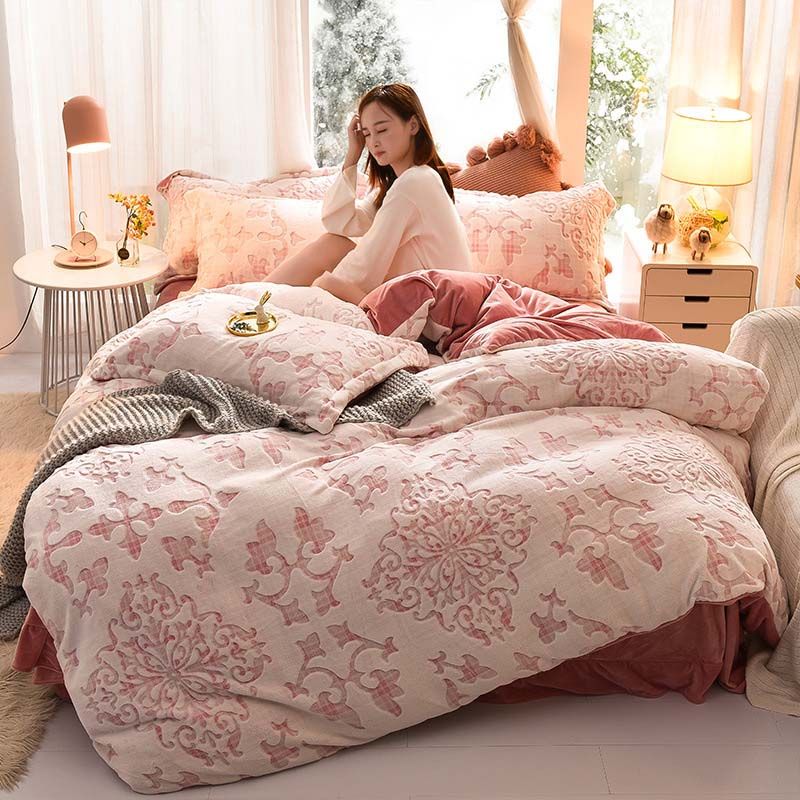 Fb1909006 Winter Double Velvet Duvet Cover Set Thicken Bed Linen