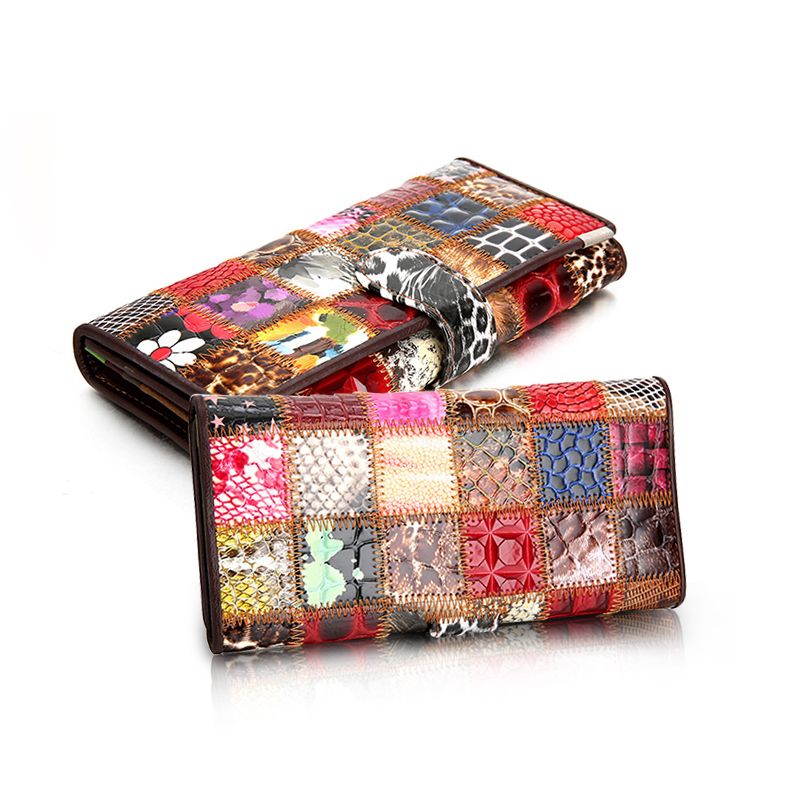 Prettyzy del cuero genuino carteras patchwork cerrojo monedero monedero femenino bolsa de embrague Clip