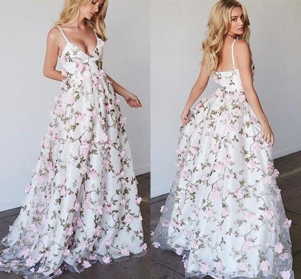 2018 hermosas flores impresas vestidos de baile correas espaguetis encaje vestido de noche largo Foto