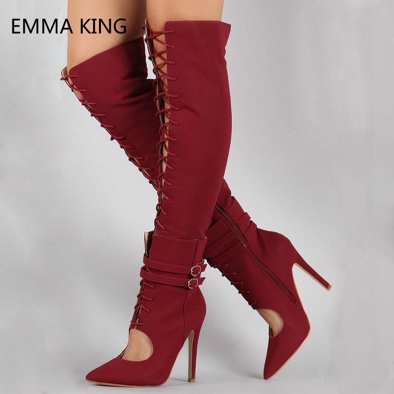 Fashion Womens Pointed Toe Stiletto Heel Over Knee High Boots Cross Strap Shoes