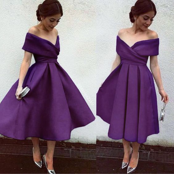 Vintage Tea Length Evening Party Dresses Off Shoulders A Line With ...