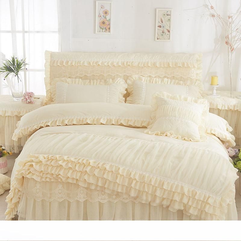 Korean Style Home Textile Beige Princess Lace Duvet Cover Set Bed