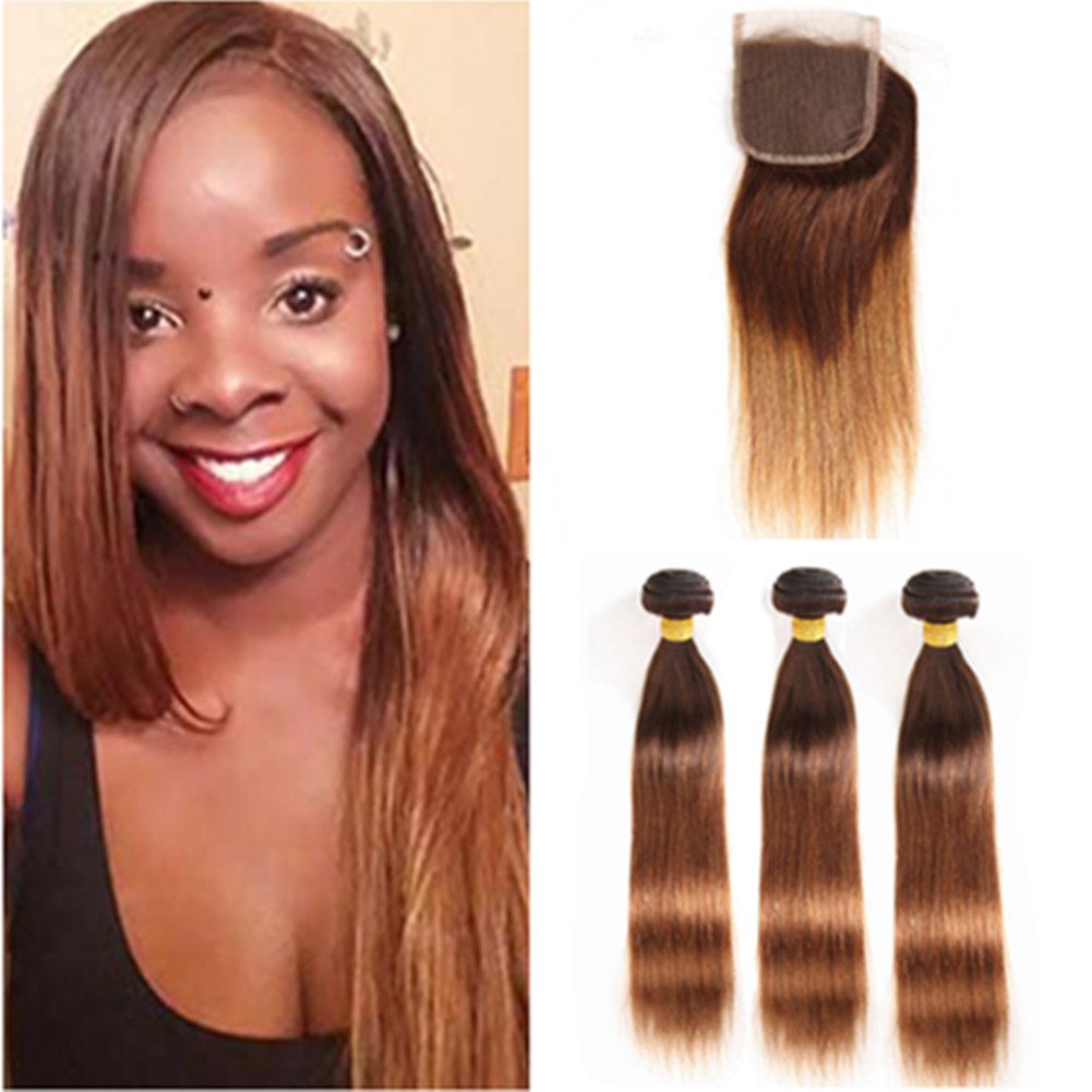 4 30 Brown Roots Ombre Straight Peruvian Human Hair 3bundles With