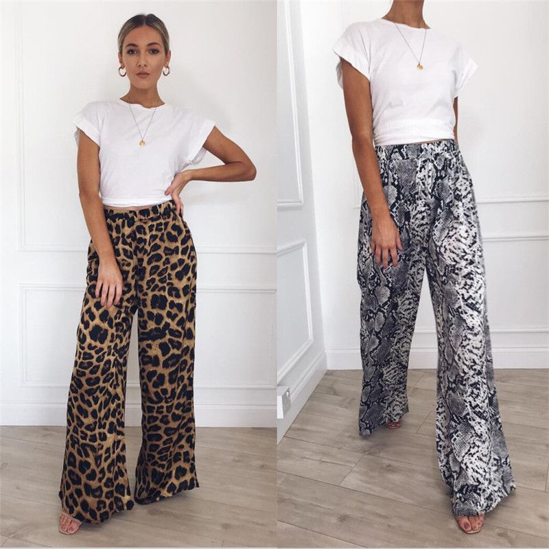 Pantalones anchos con estampado leopardo Pantalones de mujer de cintura alta con estampado de serpiente