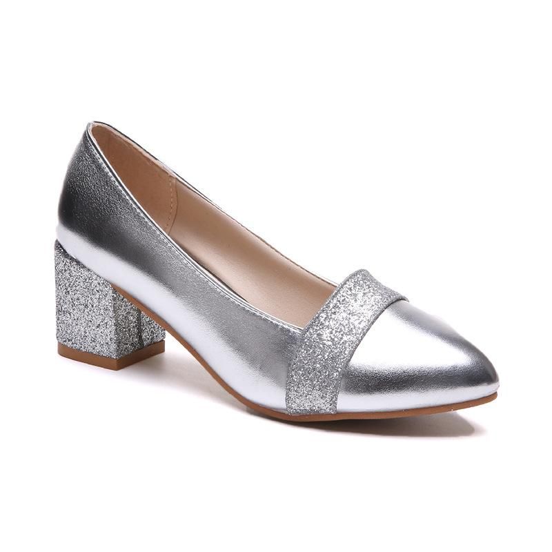 silver thick heel shoes
