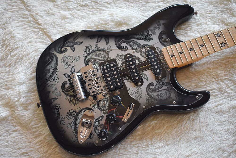 Compra Factory Custom Guitarra Eléctrica Gris Con Patrón De Flores,  Pastillas SSH, Floyd Rose, Pickguard Transparente, Incrustaciones De Traste  De Estrellas, Personalizado Barato | Entrega Rápida Y Calidad | Es.Dhgate