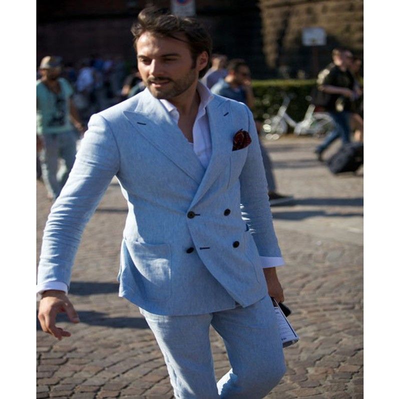 Acquistare Smoking Dello Sposo In Lino Custom Made Suit Uomo Doppiopetto  Estivo Abiti Blu Chiaro Suit Suit Come Uomini Dello Sposo Vestito YM  Economico | Consegna Veloce E Qualità | DHgate Italy