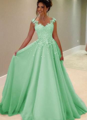 Elegante menta vestidos de fiesta largo bateau sheer cuello aplique con cuentas lentejuelas encaje tarde