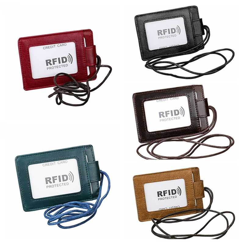 2021 Genuine Leather ID Badge Holder With Lanyard RFID Blocking Card