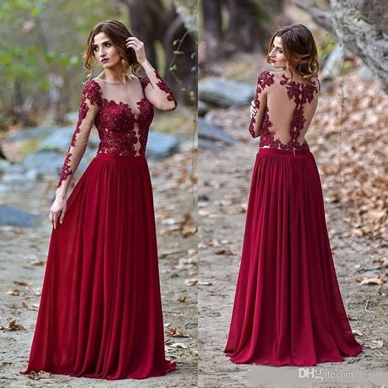 Burgundy See Through Back Manga Larga 2019 De Baile Apliques De Encaje Vestidos Largos De Noche Formales Vestidos De Fiesta De 81,26 € | DHgate