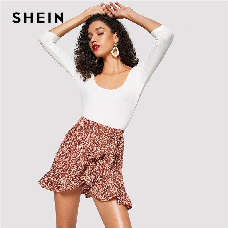 Shein dama moderna multicolor asimétrico la colmena falda de flores de mujeres ocasionales