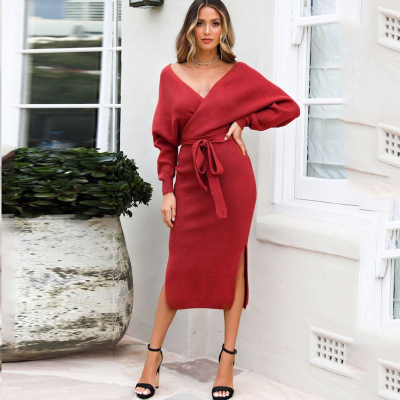 Vestido Mujer Temperamento Cuello En V Color Sólido Slim Min Vestido Mujer Temperamento Cuello En V Color Sólido Slim Min