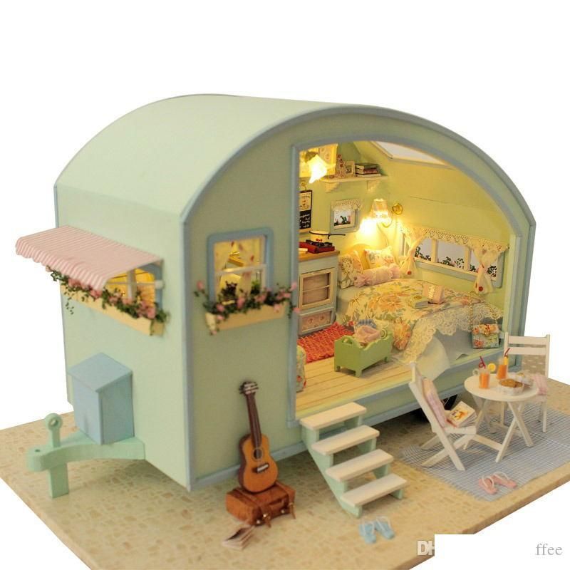 wooden doll house with furniture