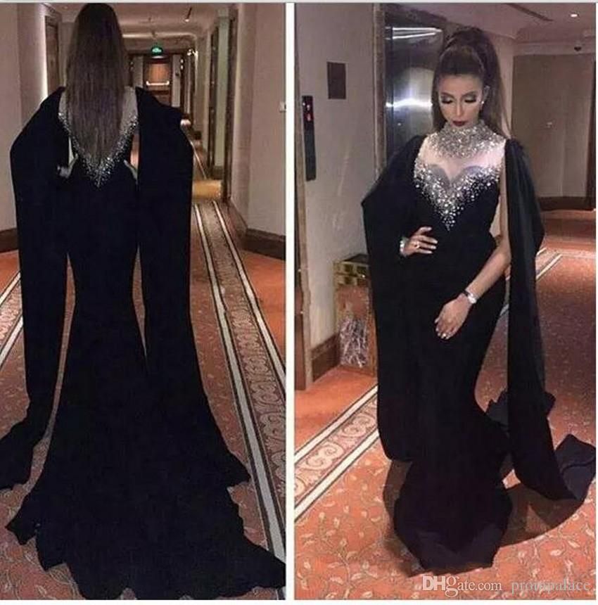 Sexy Arabic Black Mermaid Evening Dresses High Neck Long Prom